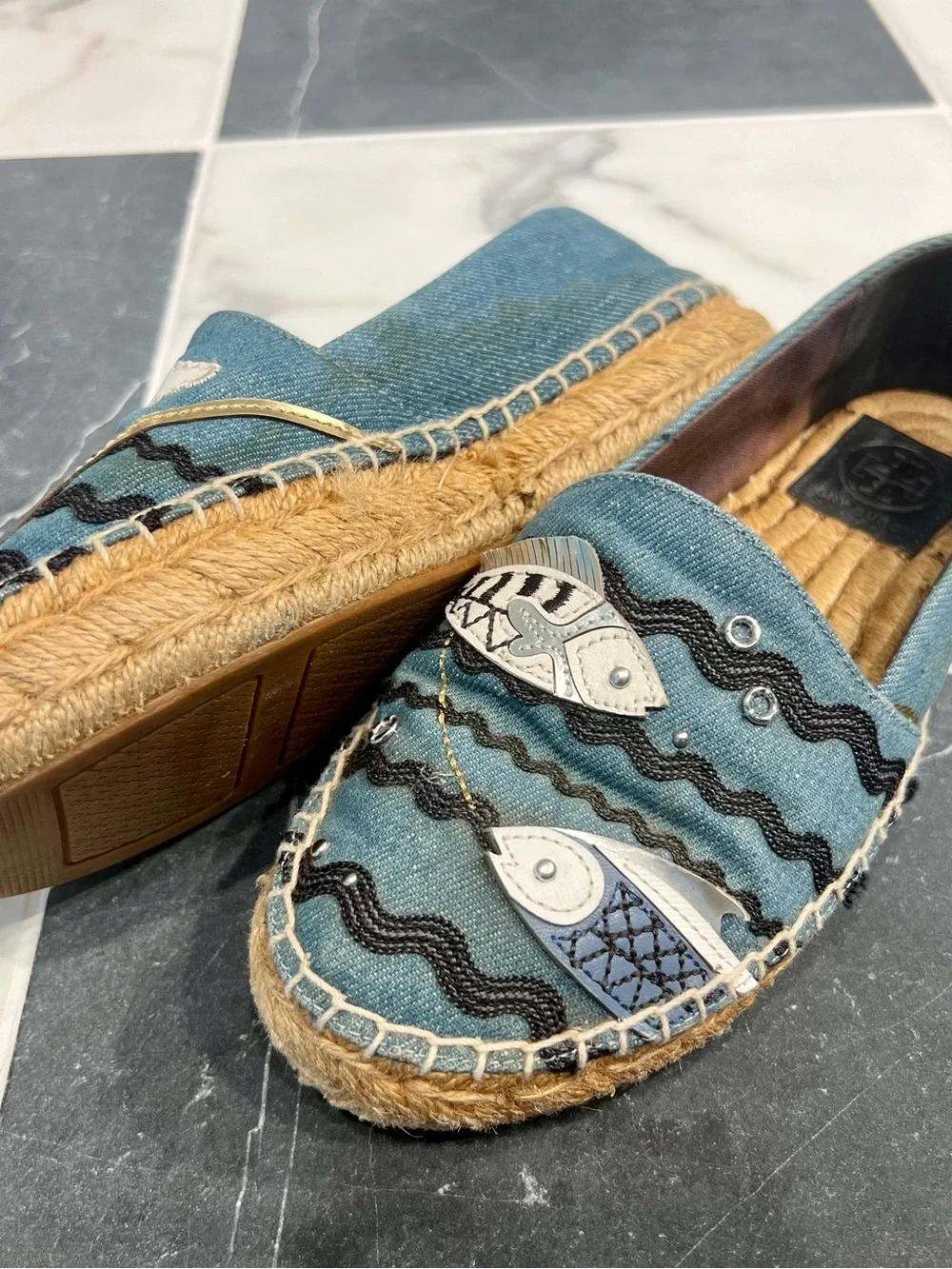 Tory Burch Blue Denim Nautical Espadrilles with Sailboat & Fish Appliqué